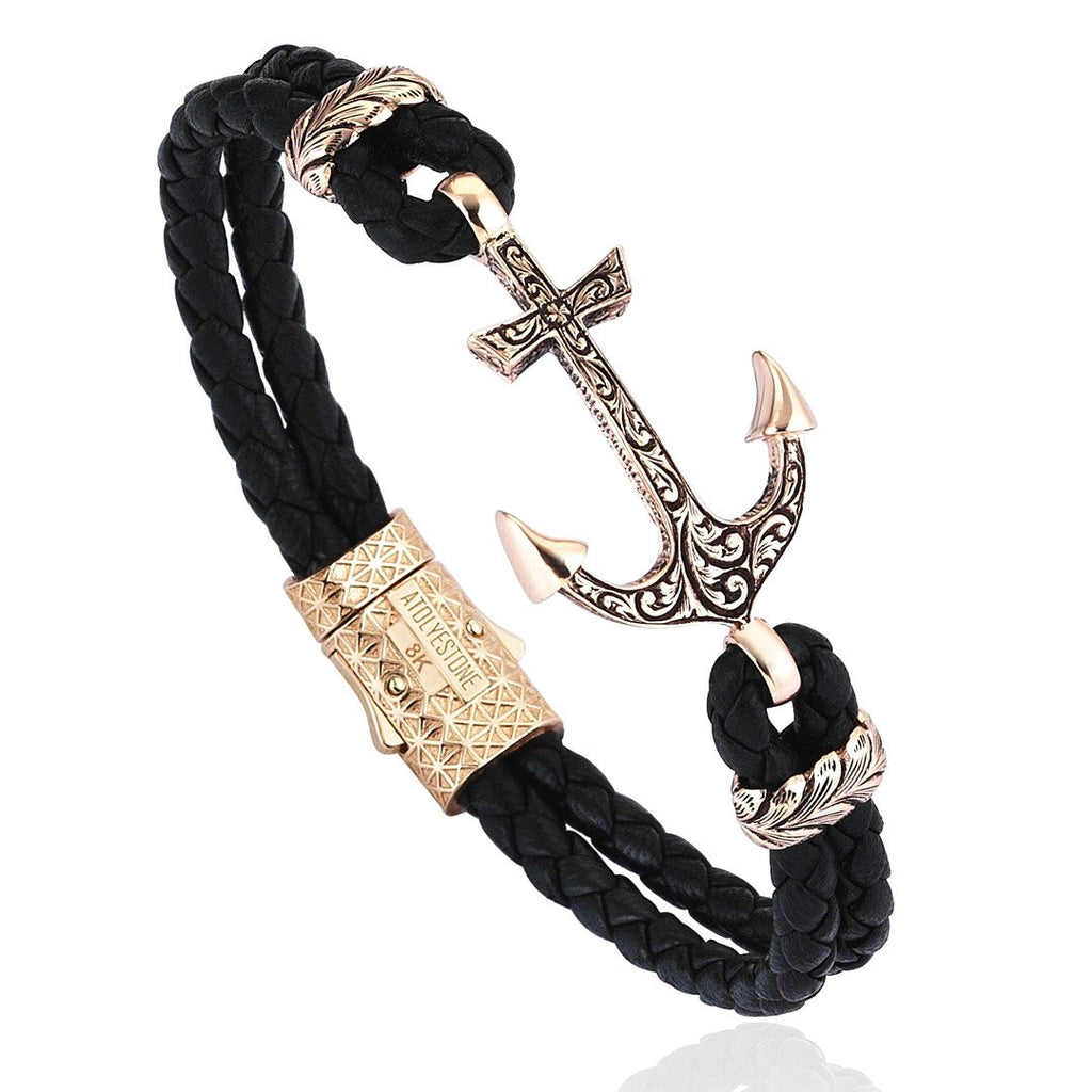 Classic Anchor Leather Bracelet - Solid Rose Gold