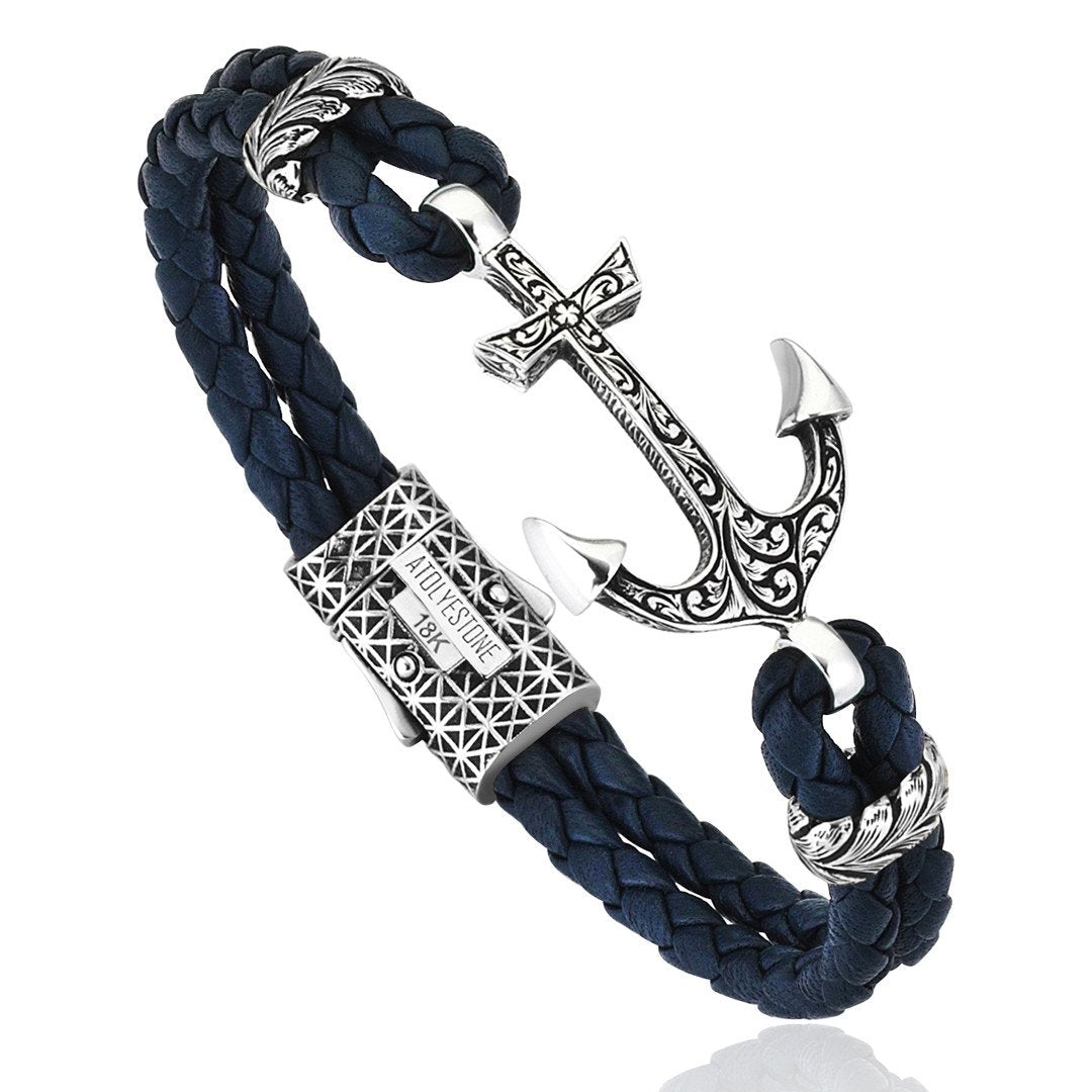 Classic Anchor Leather Bracelet - Solid White Gold