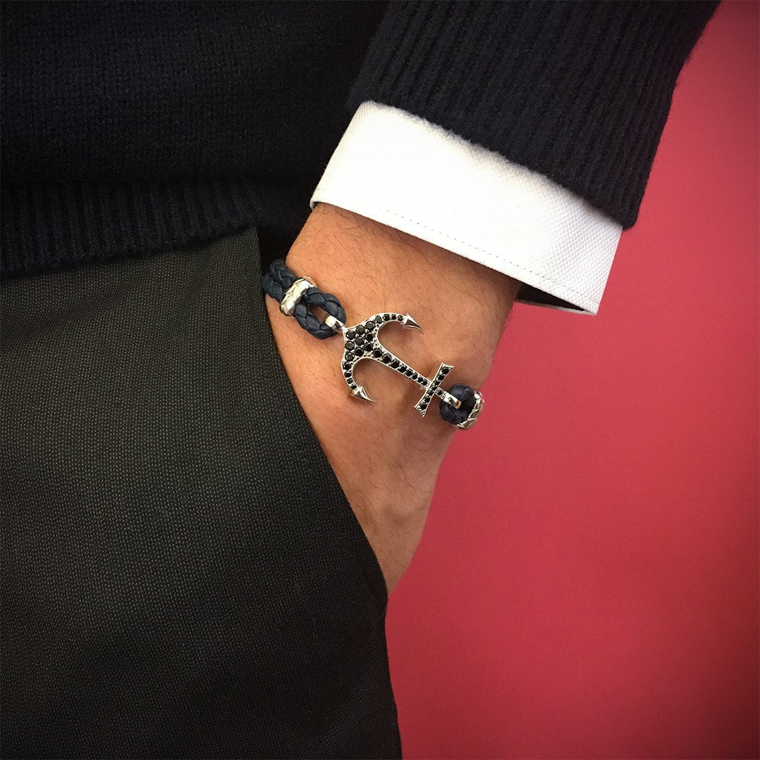 Anchor Leather Bracelet - Solid White Gold