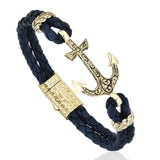 Classic Anchor Leather Bracelet - Solid Yellow Gold