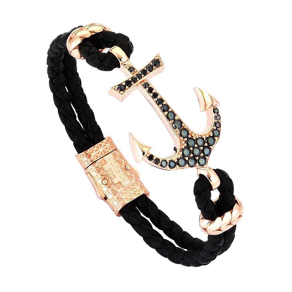 Anchor Leather Bracelet - Silver