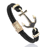 Anchor Leather Bracelet - Solid Yellow Gold