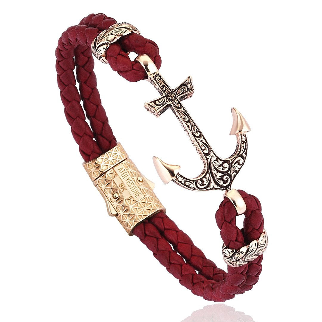 Classic Anchor Leather Bracelet - Solid Rose Gold
