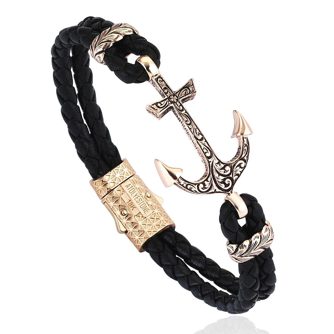 Classic Anchor Leather Bracelet - Solid Rose Gold