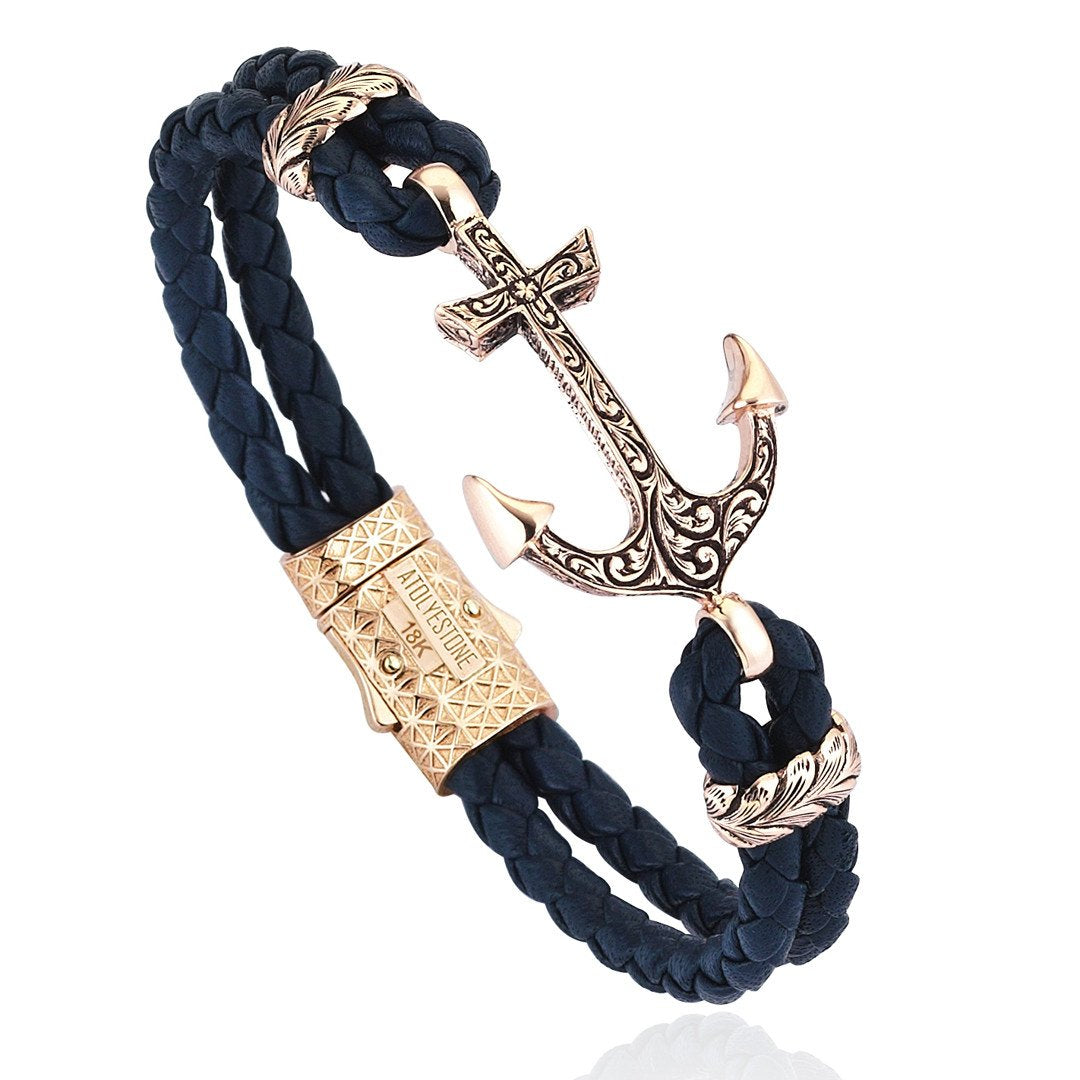 Classic Anchor Leather Bracelet - Solid Rose Gold