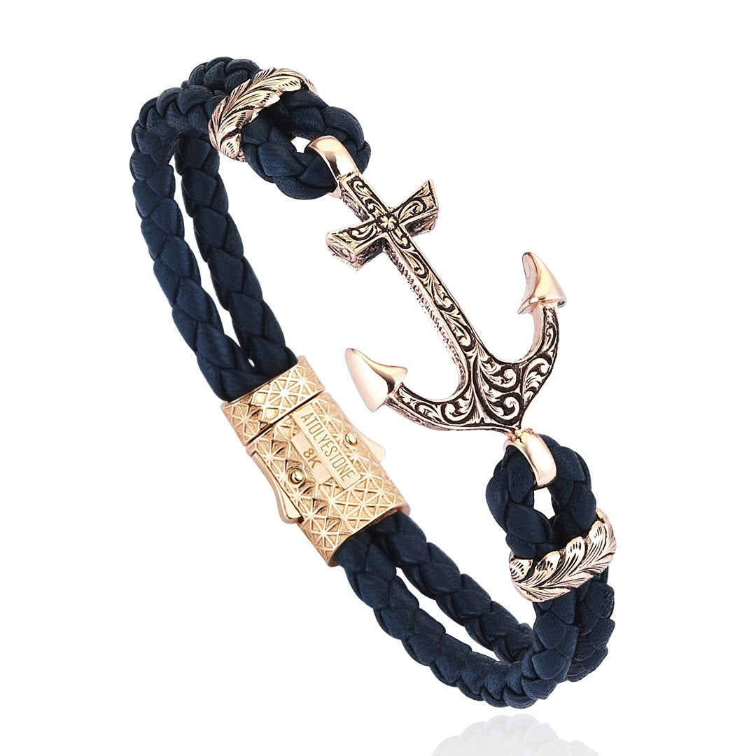 Classic Anchor Leather Bracelet - Solid Rose Gold
