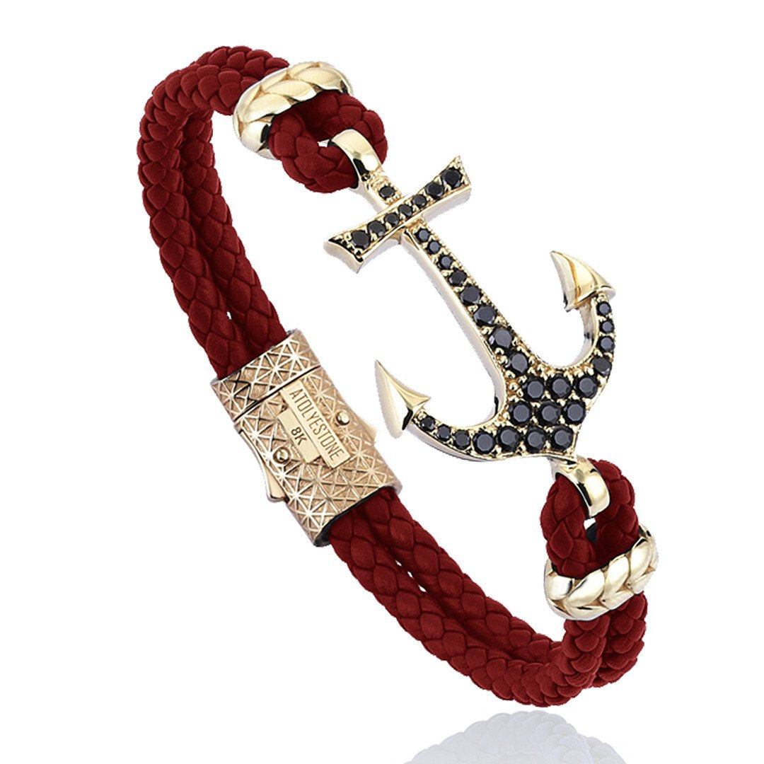 Anchor Leather Bracelet - Solid Yellow Gold