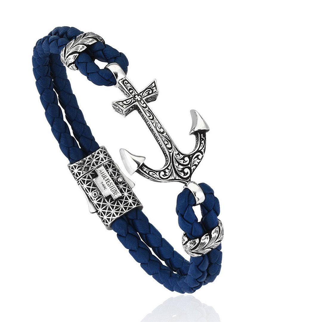 Classic Anchor Leather Bracelet - Solid White Gold