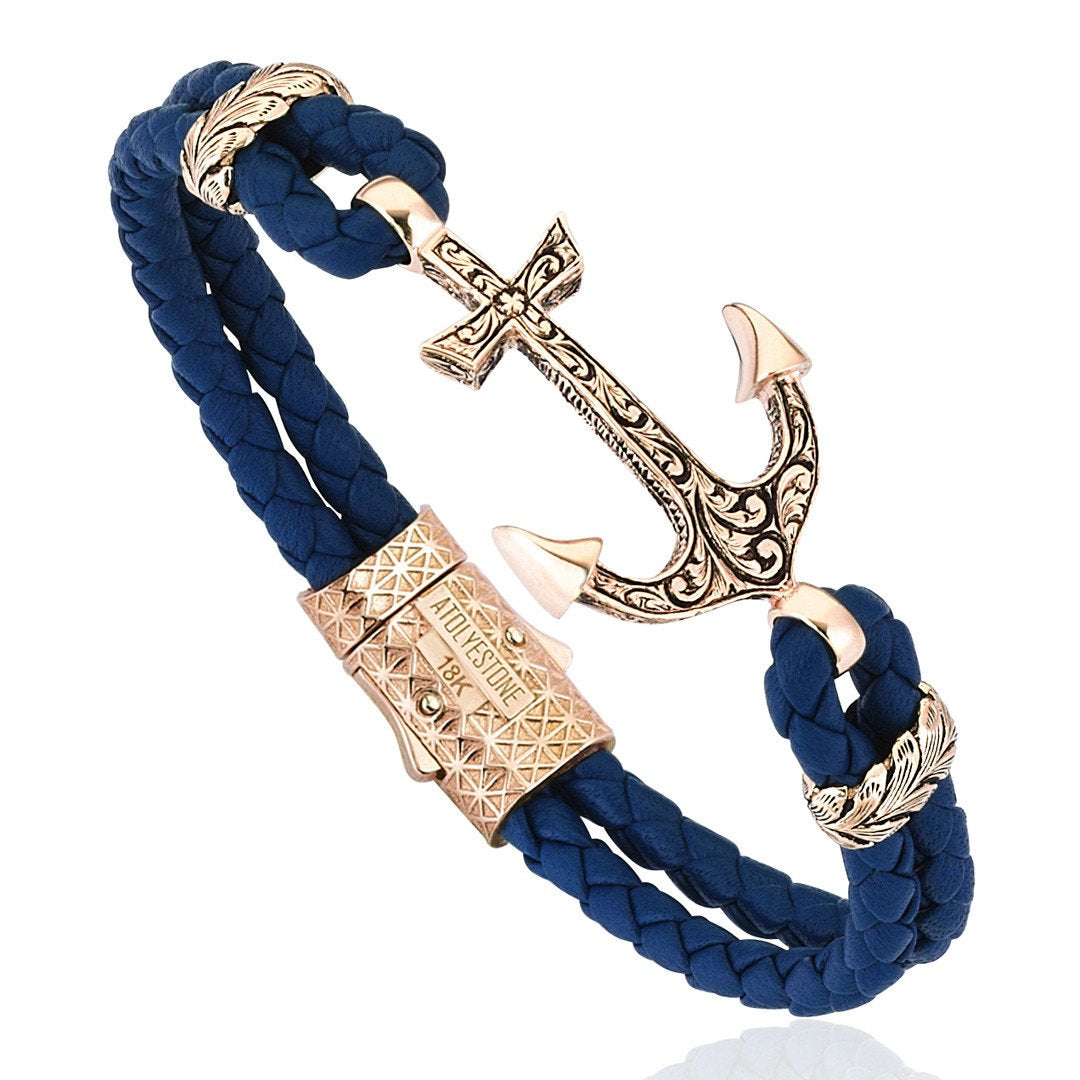 Classic Anchor Leather Bracelet - Solid Rose Gold