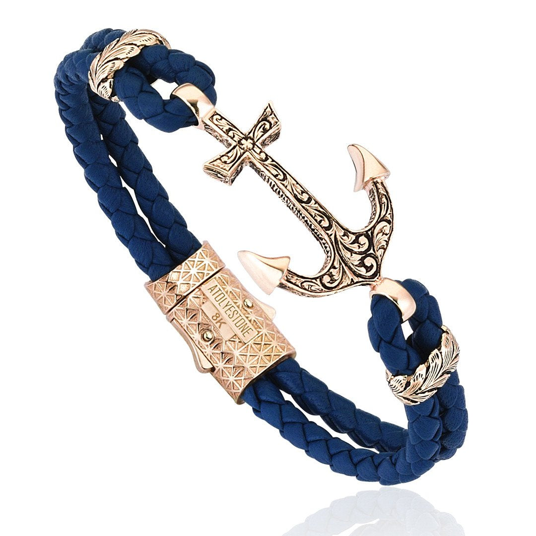Classic Anchor Leather Bracelet - Solid Rose Gold