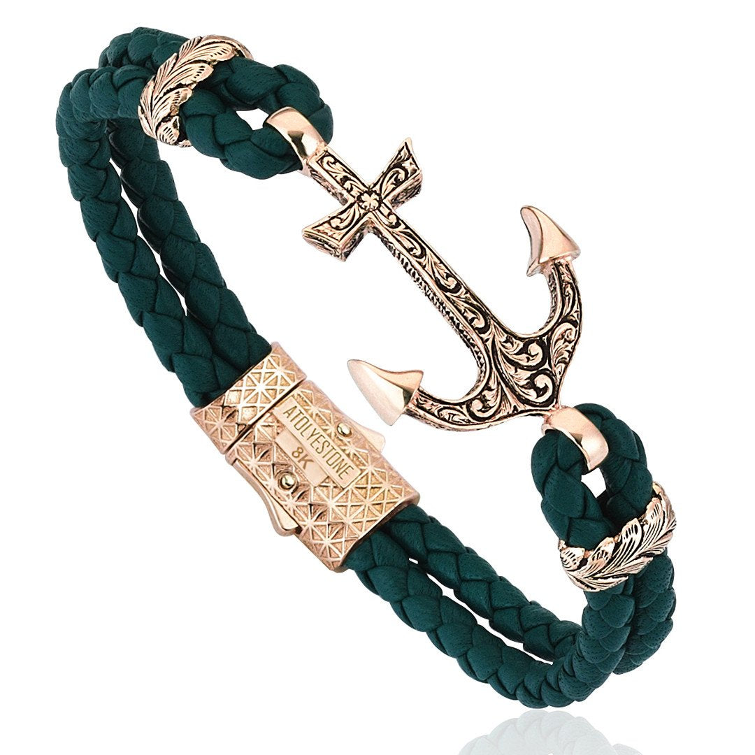 Classic Anchor Leather Bracelet - Solid Rose Gold
