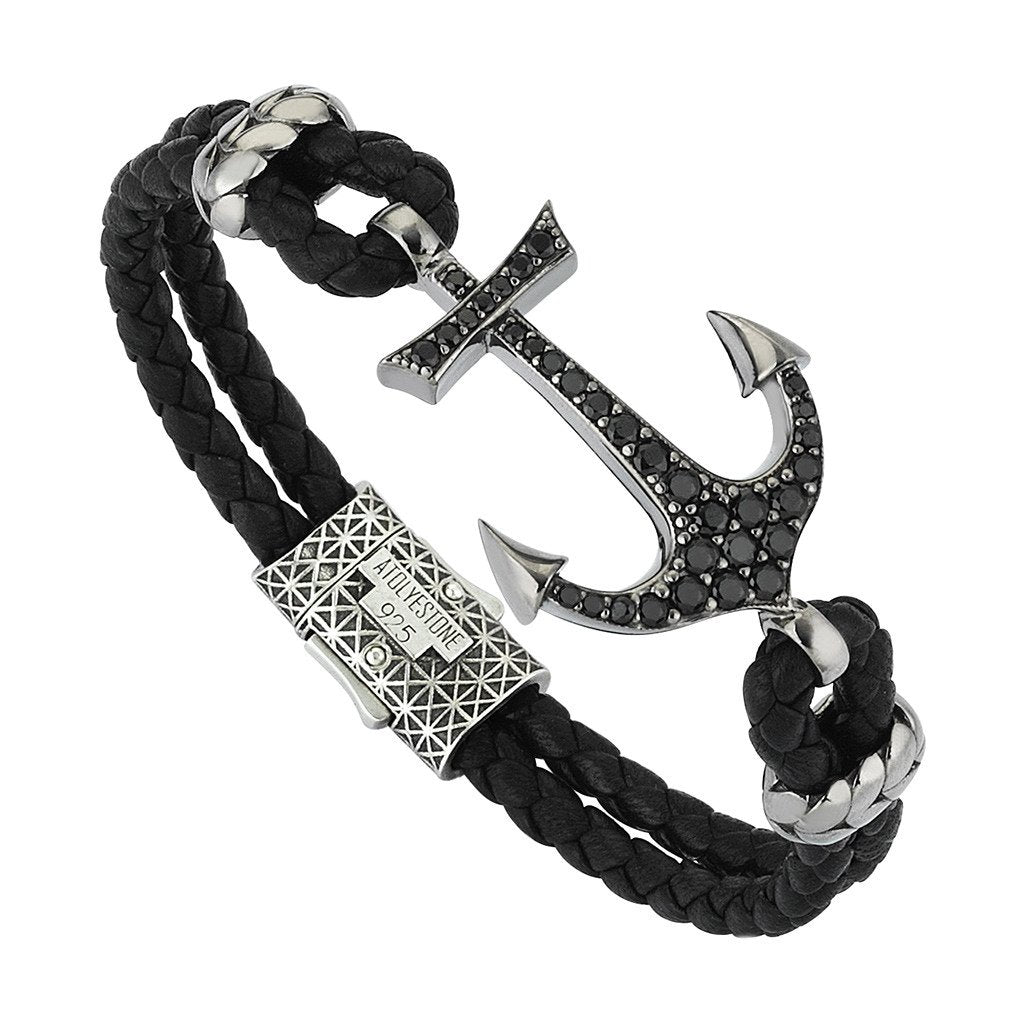 Anchor Leather Bracelet - Silver