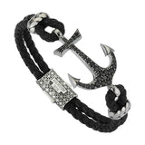 Anchor Leather Bracelet - Silver