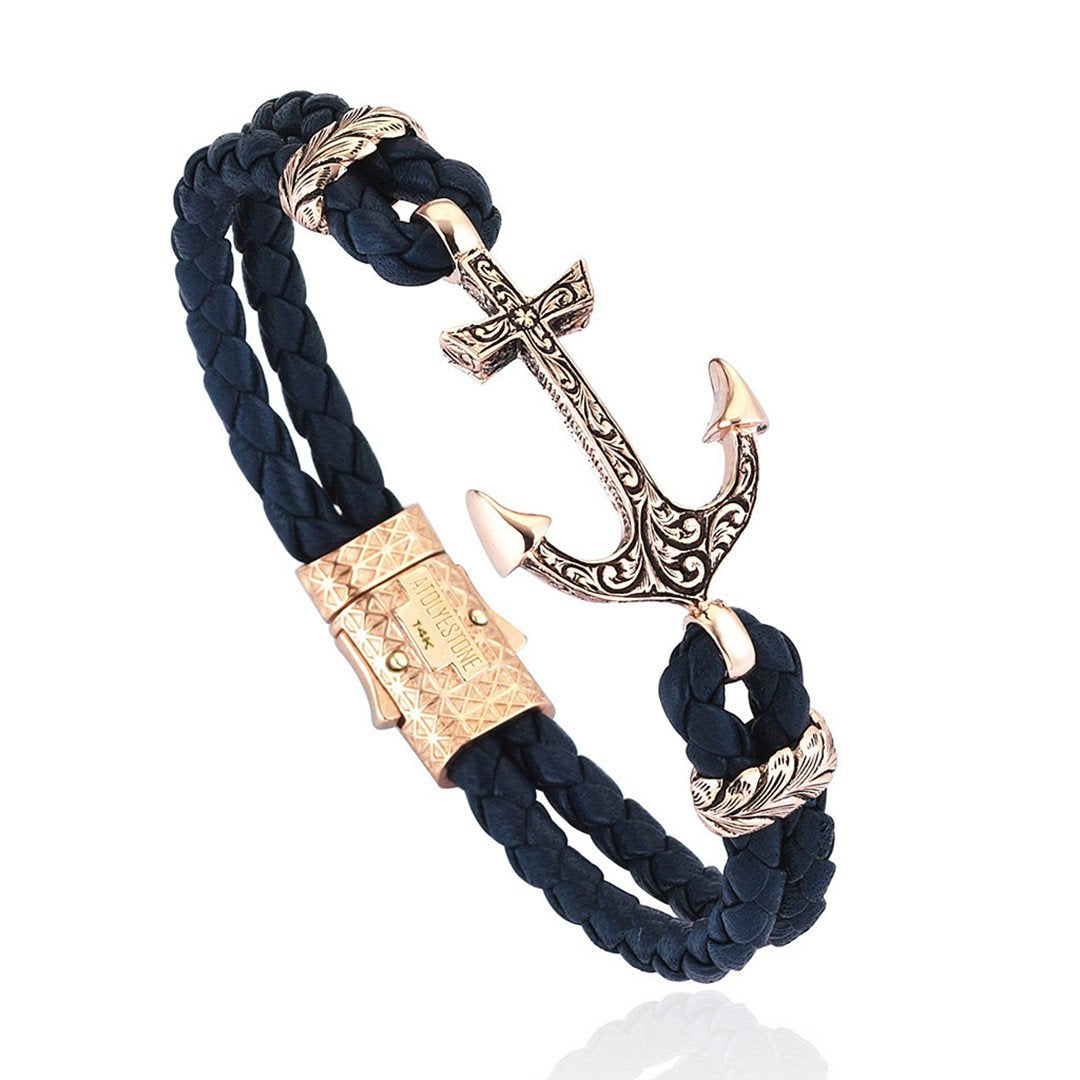 Classic Anchor Leather Bracelet - Solid Rose Gold