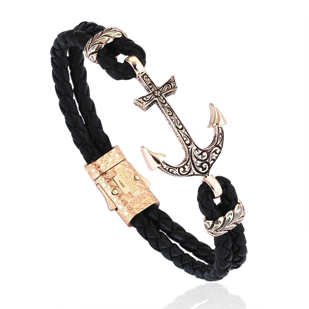 Classic Anchor Leather Bracelet - Solid Rose Gold