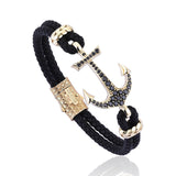 Anchor Leather Bracelet - Solid Yellow Gold